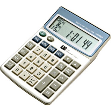 Calcolatrice  tronic 10 cifre con funzione orologio datario timer sveglia combinazione cromatica nei toni bianco azzurro grigio e silver