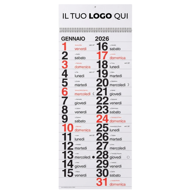 Calendari olandesi 2026 personalizzati - Calendario mensile personalizzabile con spirale e carta lucida 28,5 x 71 cm