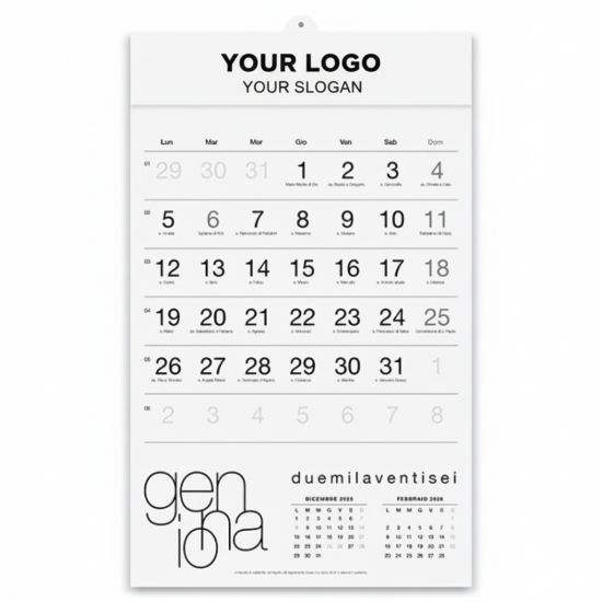 Calendario mensile personalizzato bianco con testata rinforzata in formato 12 fogli