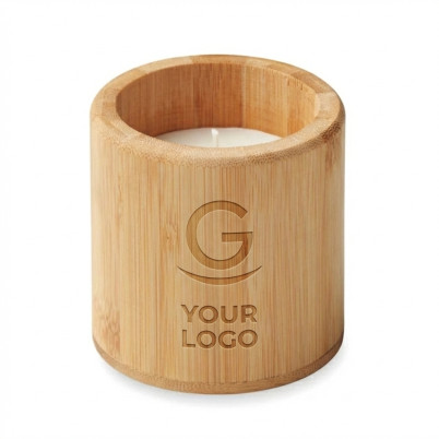 Candela personalizzata in cera vegetale con profumo di vaniglia e supporto bamboo