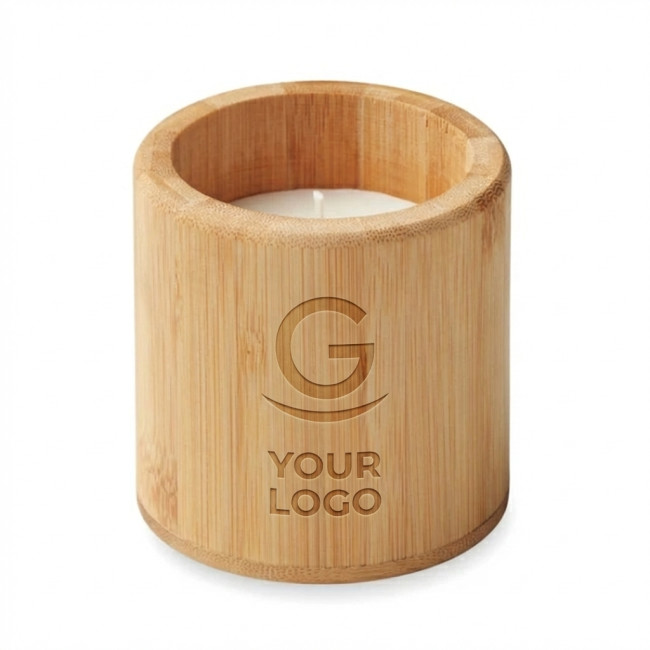 Candela personalizzata in cera vegetale con profumo di vaniglia e supporto bamboo