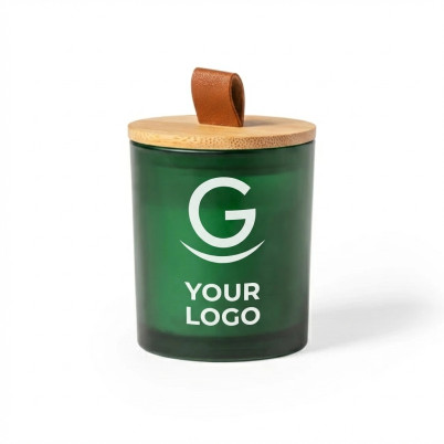 Candela profumata personalizzabile con vetro colorato e coperchio in bambù