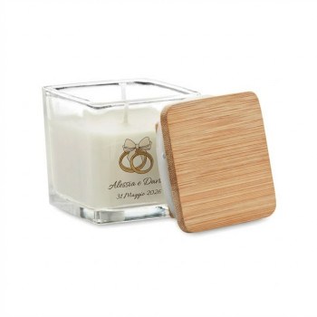 Candela profumata personalizzabile supporto vetro quadrato e coperchio bamboo