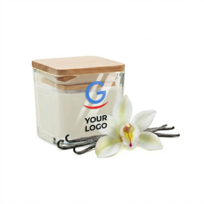 Candela profumata personalizzabile supporto vetro quadrato e coperchio bamboo