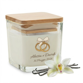 Candela profumata personalizzabile supporto vetro quadrato e coperchio bamboo
