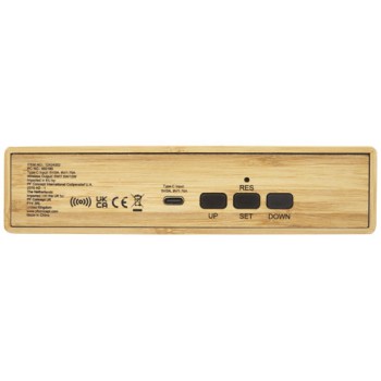 Gadget per smartphone personalizzato con logo - Caricabatterie wireless in bambù con orologio Minata