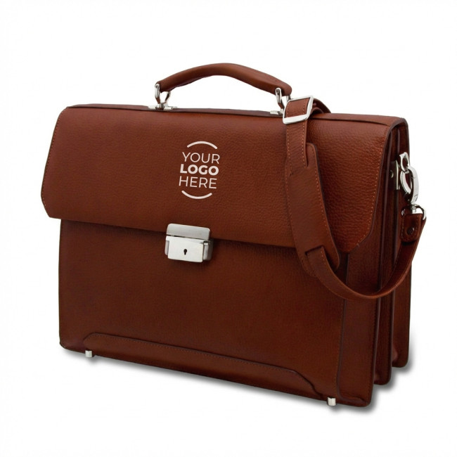 Borse personalizzate con logo - Cartella in pelle personalizzabile brandy con tracolla rimovibile e zip