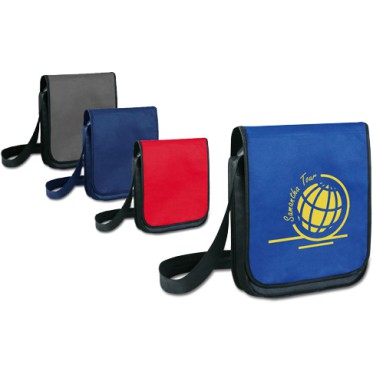 Gadget scontato personalizzato con logo - Cartella portadocumenti con uno scomparto, colore nero con patella rossa, con tracolla personalizzabile e chiusura con velcro.