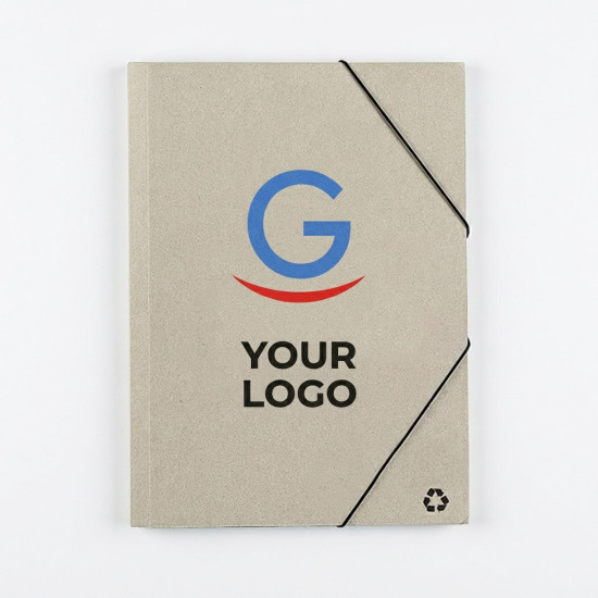 Cartella portadocumenti personalizzabile in cartone riciclato tri-fold elastico