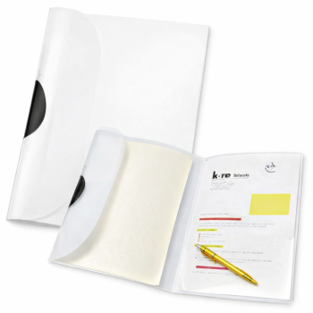 Cartellina a tre ante personalizzabile in polipropilene trasparente con ferma fogli