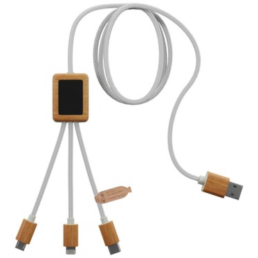 Gadget per smartphone personalizzato con logo - Cavo di ricarica 3 in 1 in PET riciclato con logo luminoso su base quadrata in bambù SCX.design C39