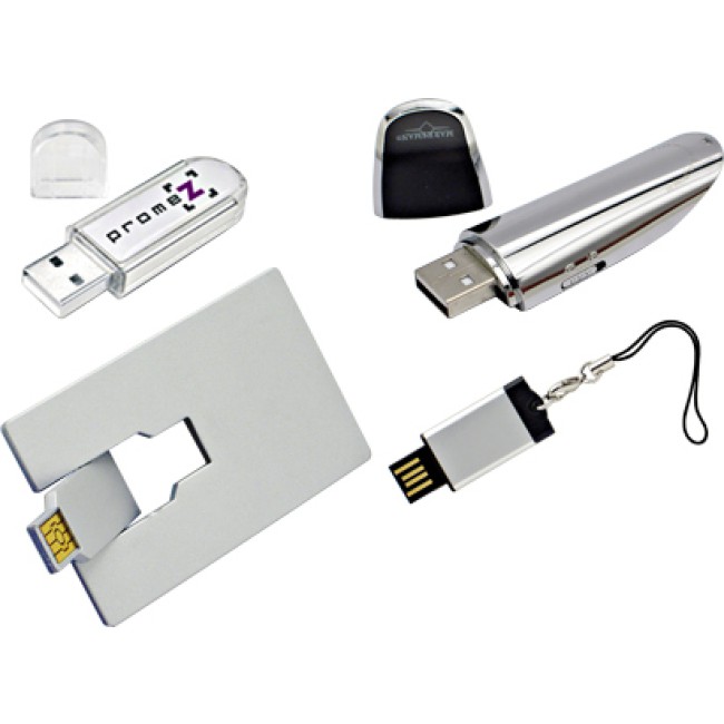 Gadget tecnologici personalizzati - Chiavetta usb 1GB in colore nero e argento a forma di carta di credito. Confezione cartoncino bianco.