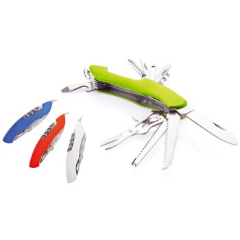 Coltellino tascabile 13 funzioni in acciaio con impugnatura in alluminio anodizzato.