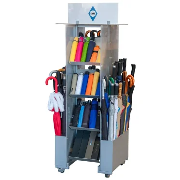 Combined display personalizzabile FAre in acciaio con ruote e 8 ripiani