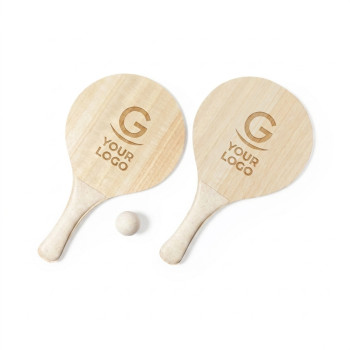 Giochi spiaggia personalizzati con logo - Coppia di racchette da spiaggia personalizzabile in legno con giochi integrati