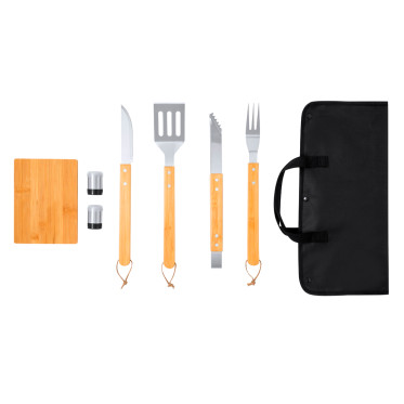 Set utensili barbecue personalizzabile con manici in bambù e custodia resistente