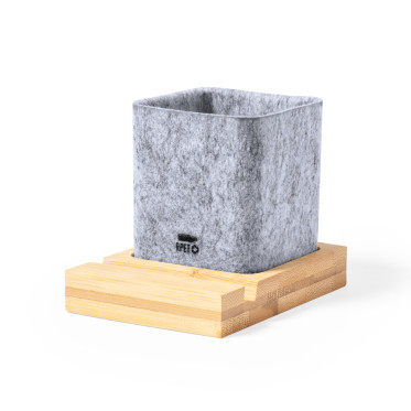 Portapenne personalizzabile in feltro RPET con porta smartphone bamboo