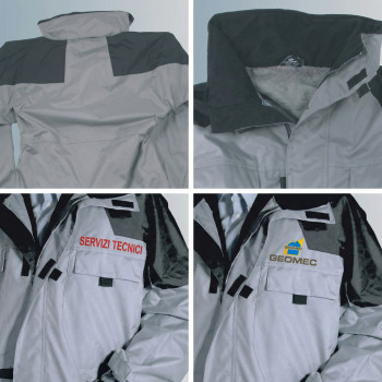 Giacca personalizzabile beige e nero in pvc con cappuccio estraibile e tasche