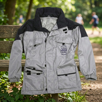 Giacca personalizzabile beige e nero in pvc con cappuccio estraibile e tasche