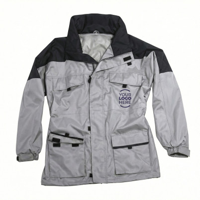 Giacca personalizzabile beige e nero in pvc con cappuccio estraibile e tasche