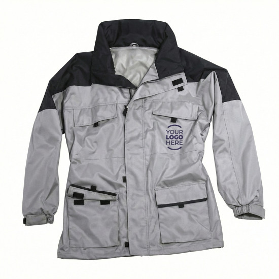 Giacca personalizzabile beige e nero in pvc con cappuccio estraibile e tasche