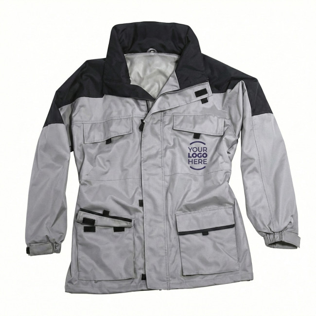 Giacca personalizzabile beige e nero in pvc con cappuccio estraibile e tasche