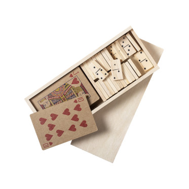 Set di giochi personalizzabile con mazzo carte in cartone e domino in legno