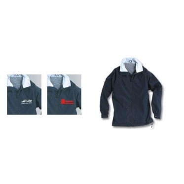 Giubbotto personalizzato con logo - Jacket  Giubbino Actiwear, 100% poliestere idrorepellente, blu navy, colletto color ghiaccio, fodera interna in retina, chiusura con zip centrale, polsini regolabili.