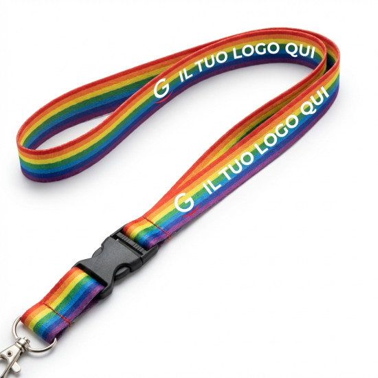 Lanyard personalizzabile in RPET arcobaleno con gancio metallo