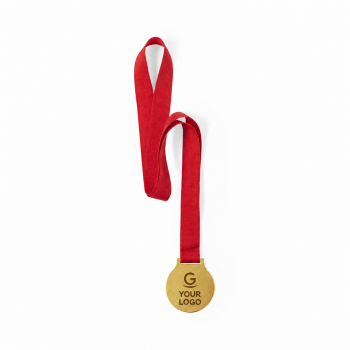 Medaglia personalizzabile con finitura oro liscia e nastro rosso