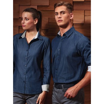 Camicia personalizzata con logo - Men's Denim-Pindot Long Sleeve Shirt