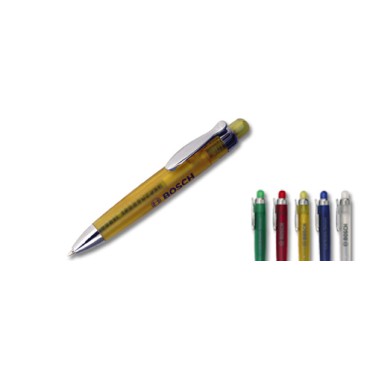Gadget scontato personalizzato con logo - Mini penna a sfera fusto trasparente giallo particolari in metallo cromato refil blu