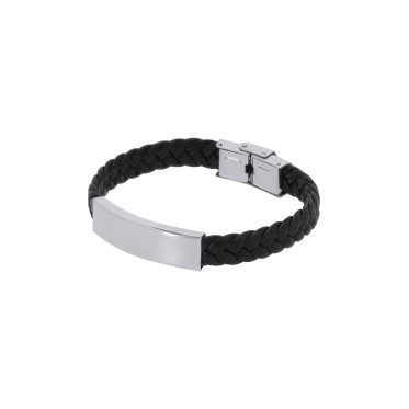 Bracciale personalizzabile in pelle sintetica nera con placca in acciaio inox lucido