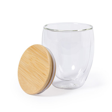 Bicchiere termico personalizzabile in vetro borosilicato con coperchio bambù 250ml