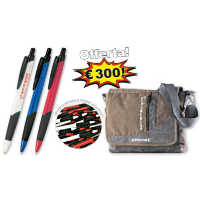 Offerta borsa con tracolla, con 1000 penne a sfera colori assortiti. Personalizzati con stampa ad un colore.