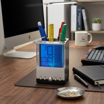 Orologio da tavolo personalizzabile portapenne digitale con cambio colore
