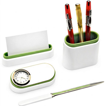 Gadget personalizzati in offerta - Parure personalizzabile bianco verde set scrivania con orologio portapenne taglia carte