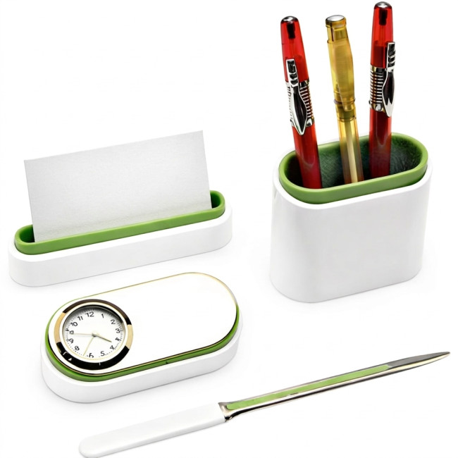 Gadget personalizzati in offerta - Parure personalizzabile bianco verde set scrivania con orologio portapenne taglia carte
