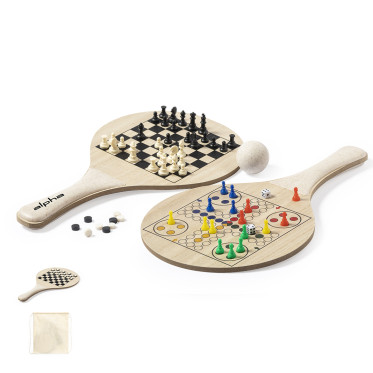 Coppia di racchette da spiaggia personalizzabile in legno con giochi integrati