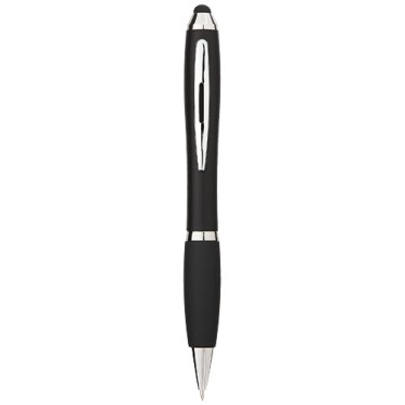 Penna personalizzata con logo  - Penna a sfera colorata con stylus e impugnatura nera Nash
