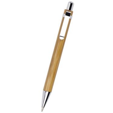 Penna in metallo personalizzata con logo - Penna a sfera in bamboo refill blu