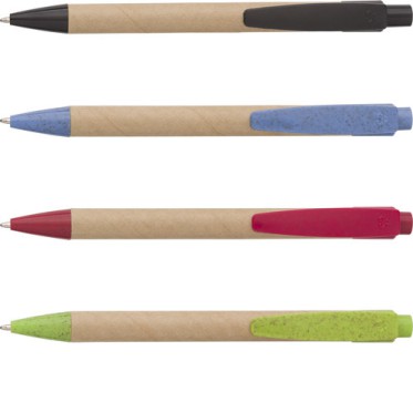 Penne ecologiche personalizzate con logo - Penna a sfera in cartone e fibra di grano, refill blu