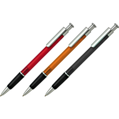 Penna sfera a scatto, fusto in plastica colorato con particolari in silver. Refil blu.