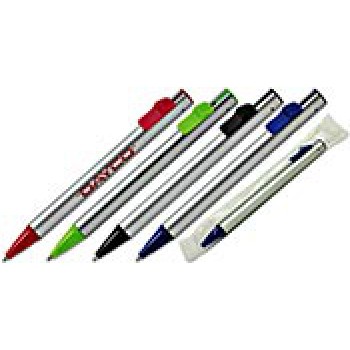 Gadget scontato personalizzato con logo - Penna sfera a scatto fusto in plastica in silver finiture verdi refil nero