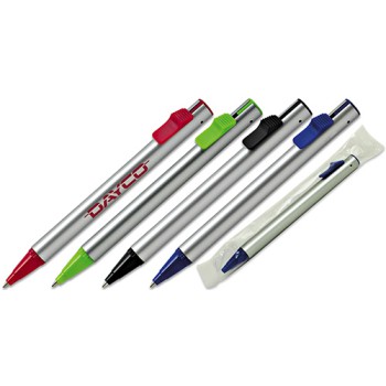 Gadget scontato personalizzato con logo - Penna sfera a scatto fusto in plastica in silver finiture verdi refil nero