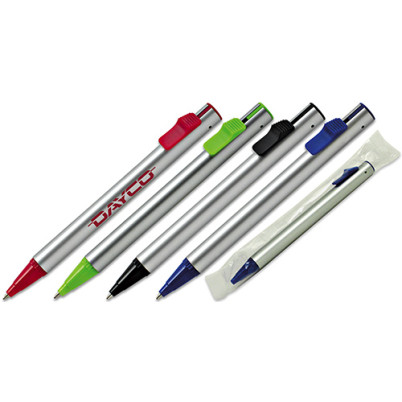 Penna sfera a scatto fusto in plastica in silver finiture verdi refil nero