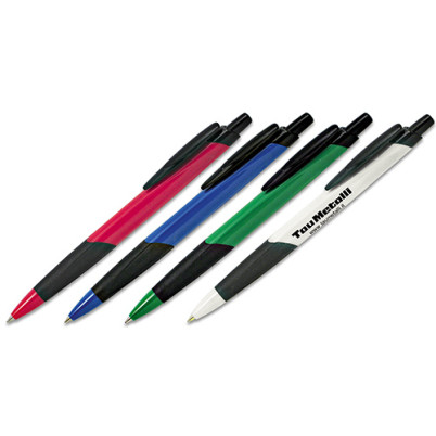 Penna sfera a scatto fusto in plastica rossa clip nera impugnatura in gomma nera refil nero