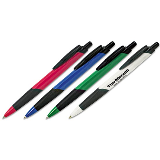 Penna sfera a scatto fusto in plastica rossa clip nera impugnatura in gomma nera refil nero