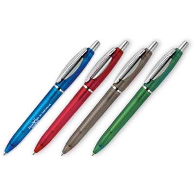 Penna sfera  a scatto fusto in plastica satinata, particolari silver cromati e satinati . Refil blu.Confezione in polybag.