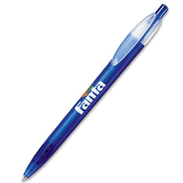 Penna sfera a scatto, fusto trasparente frost, con particolari colorati, impugnatura trasparente, refil blu.